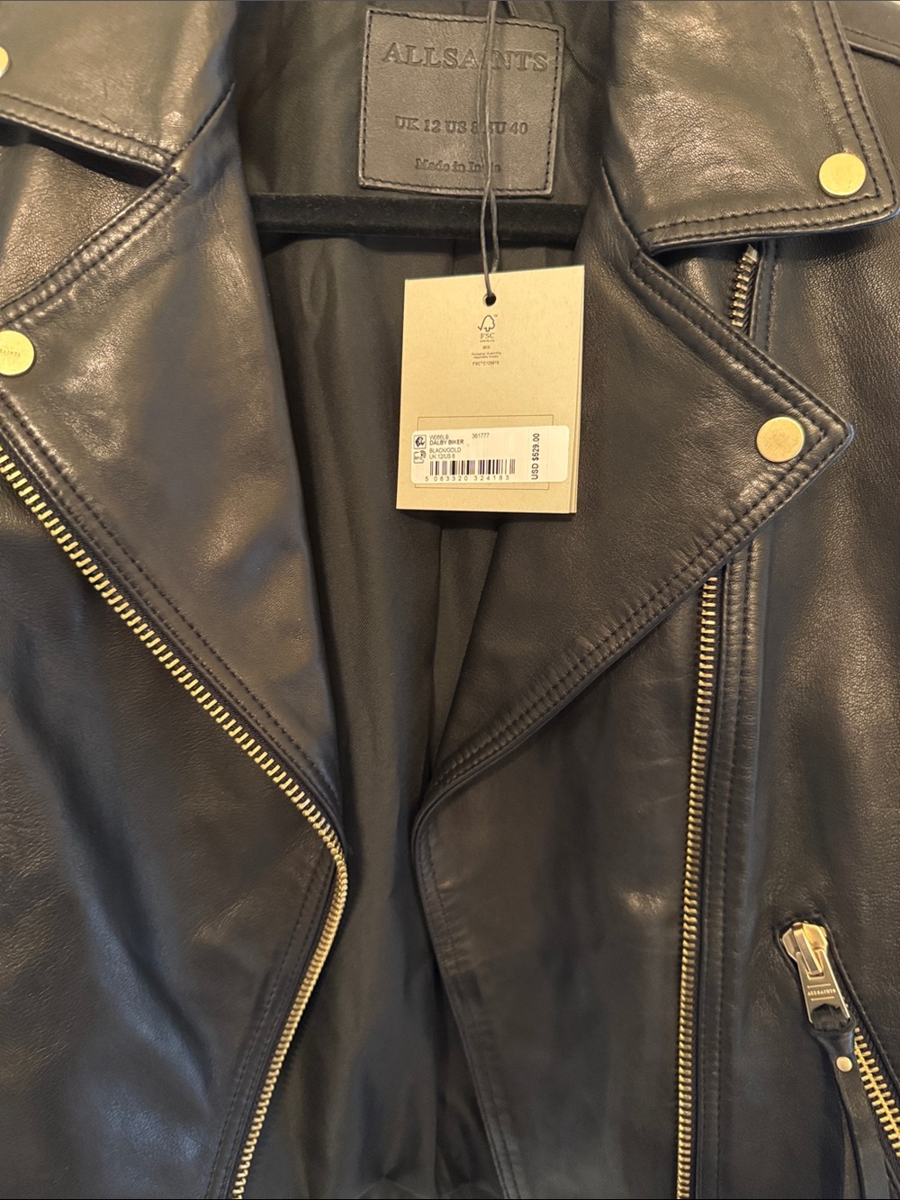 AllSaints Black Leather Asymmetric Biker Jacket with Gold Hardware - Picture 2 of 6